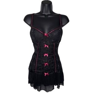 Goth Witchy Vamp Black and Pink Lace Chemise Lingerie‎ Corset Style Dress